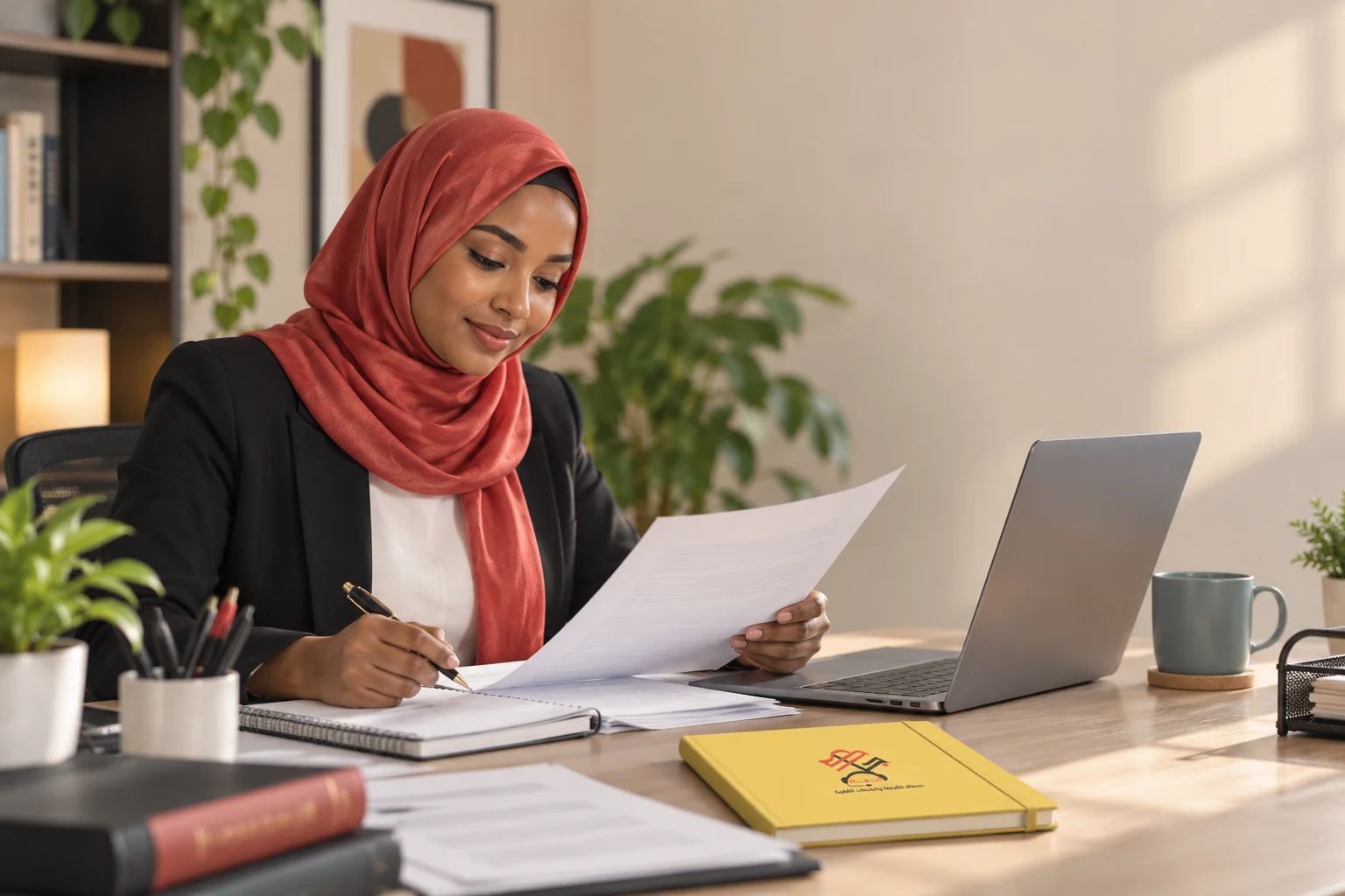 مترجمة محترفة تراجع مستندات بجانب حاسوب محمول