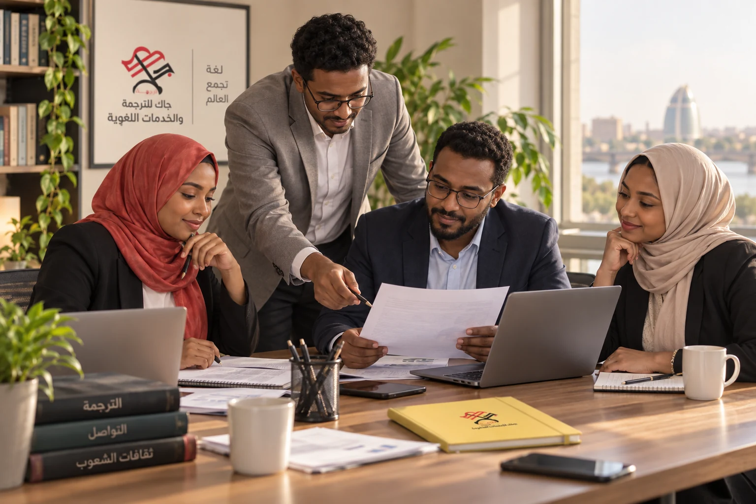 فريق جاك يراجع مستندات الترجمة في اجتماع عمل
