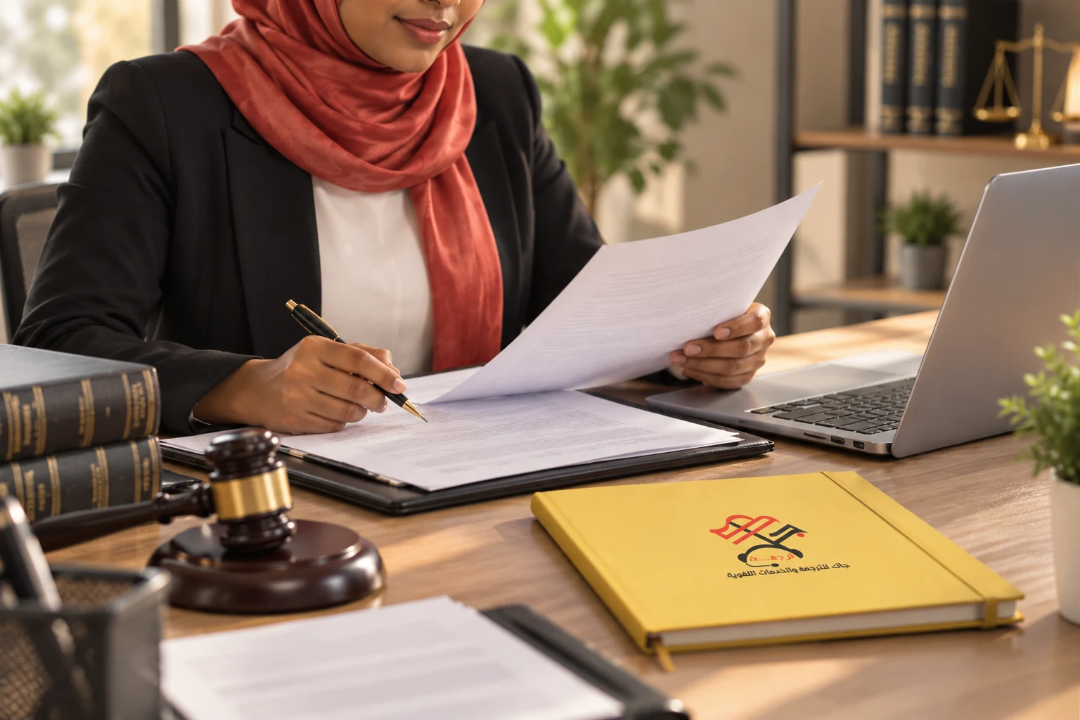 مستندات قانونية وميزان العدالة على مكتب خشبي