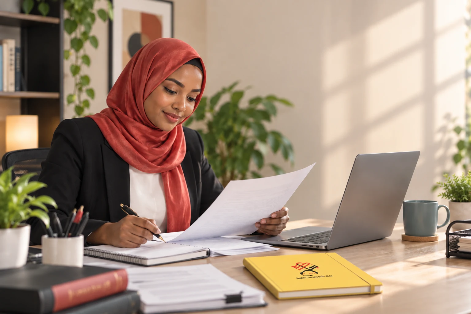 مستندات ومذكرات على مكتب أثناء تجهيز ملفات الترجمة